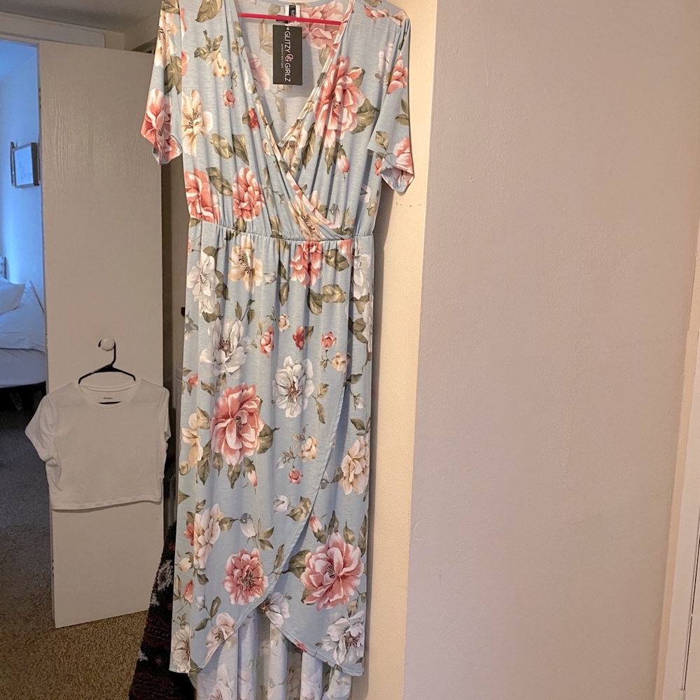 High low pastel floral cap sleeve dress